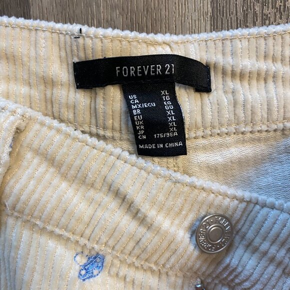 NWT Forever 21 Corduroy Trousers Cream with Blue Embroidered Mushrooms XL - Picture 2 of 7
